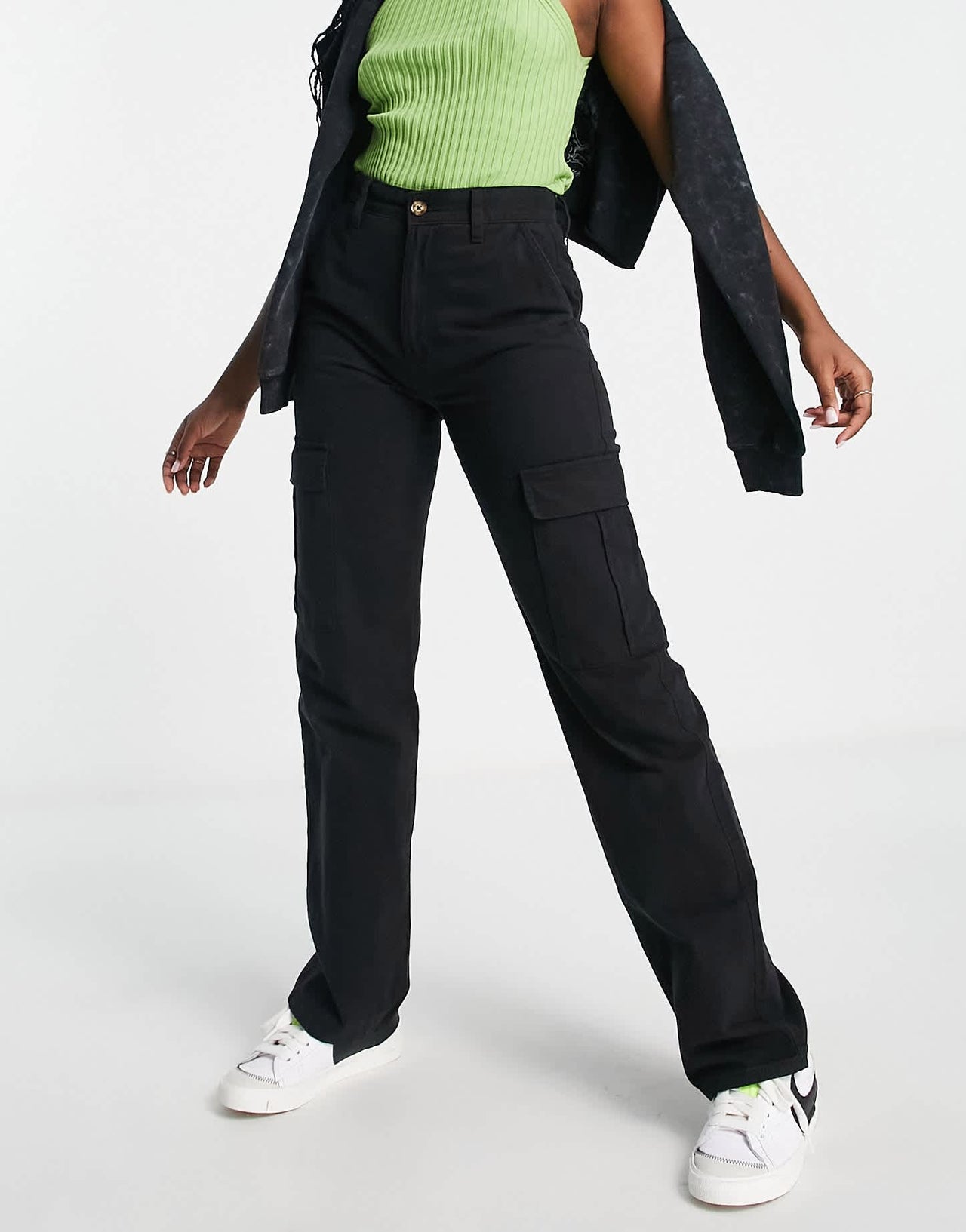 Stradivarius straight leg cargo trouser in black