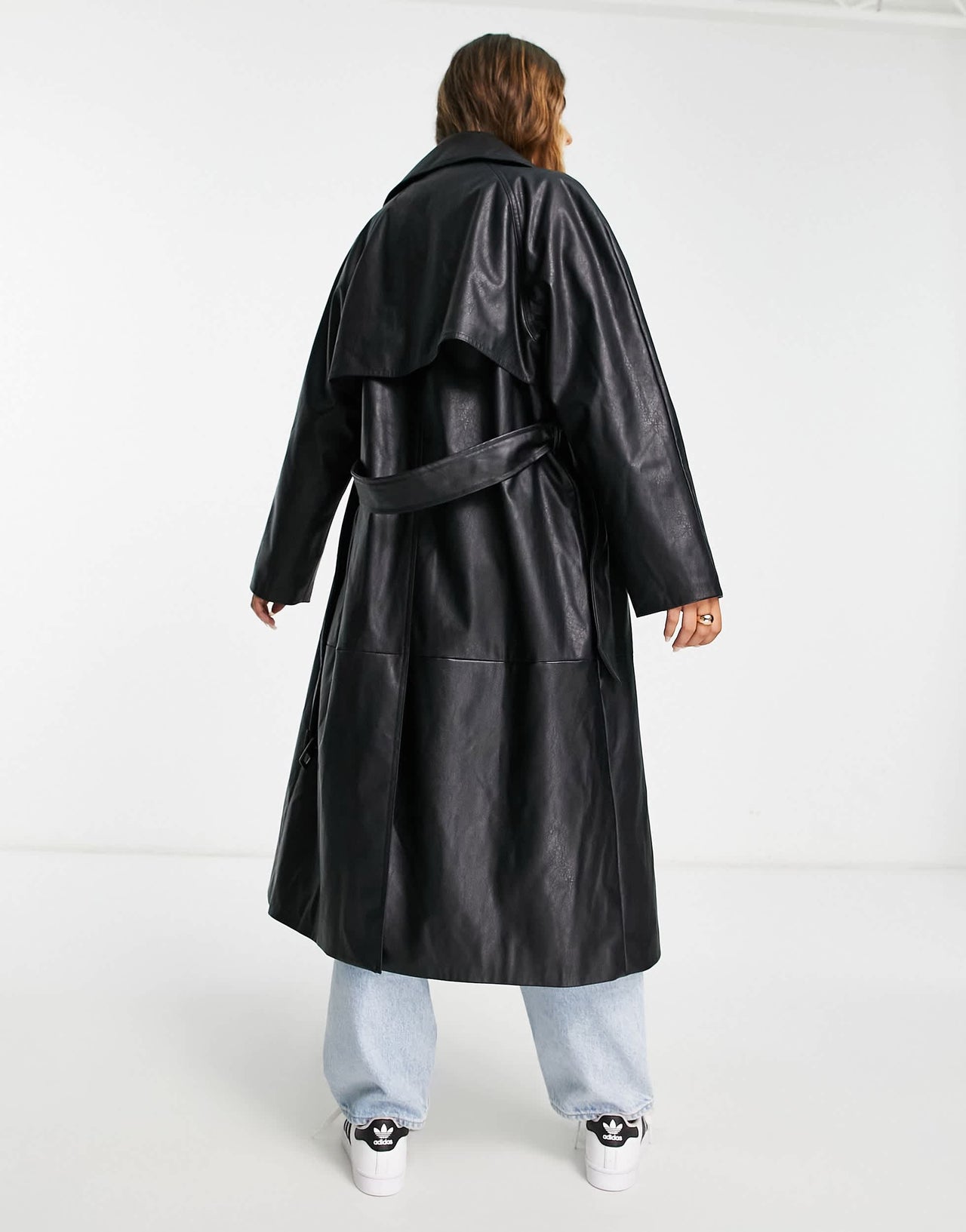 Bershka faux leather trench coat in black