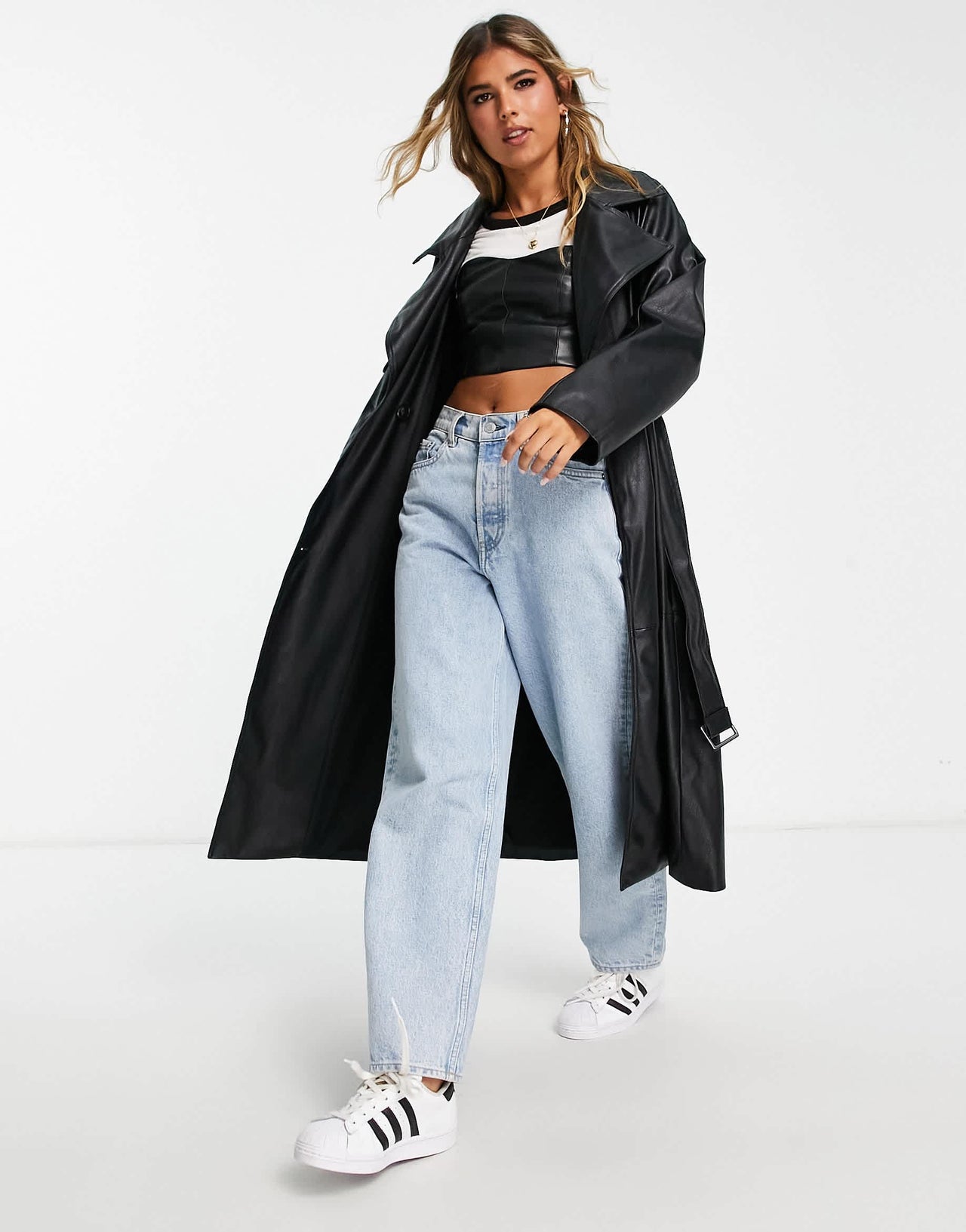 Bershka faux leather trench coat in black