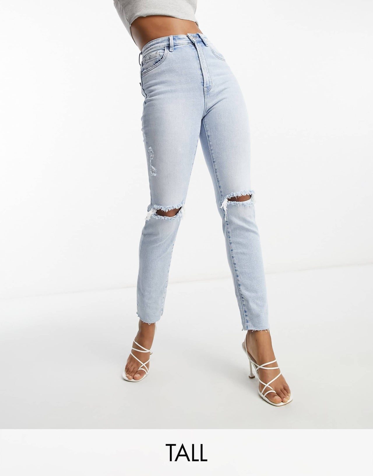 Stradivarius Tall slim mom jean with stretch and rip in vintage blue