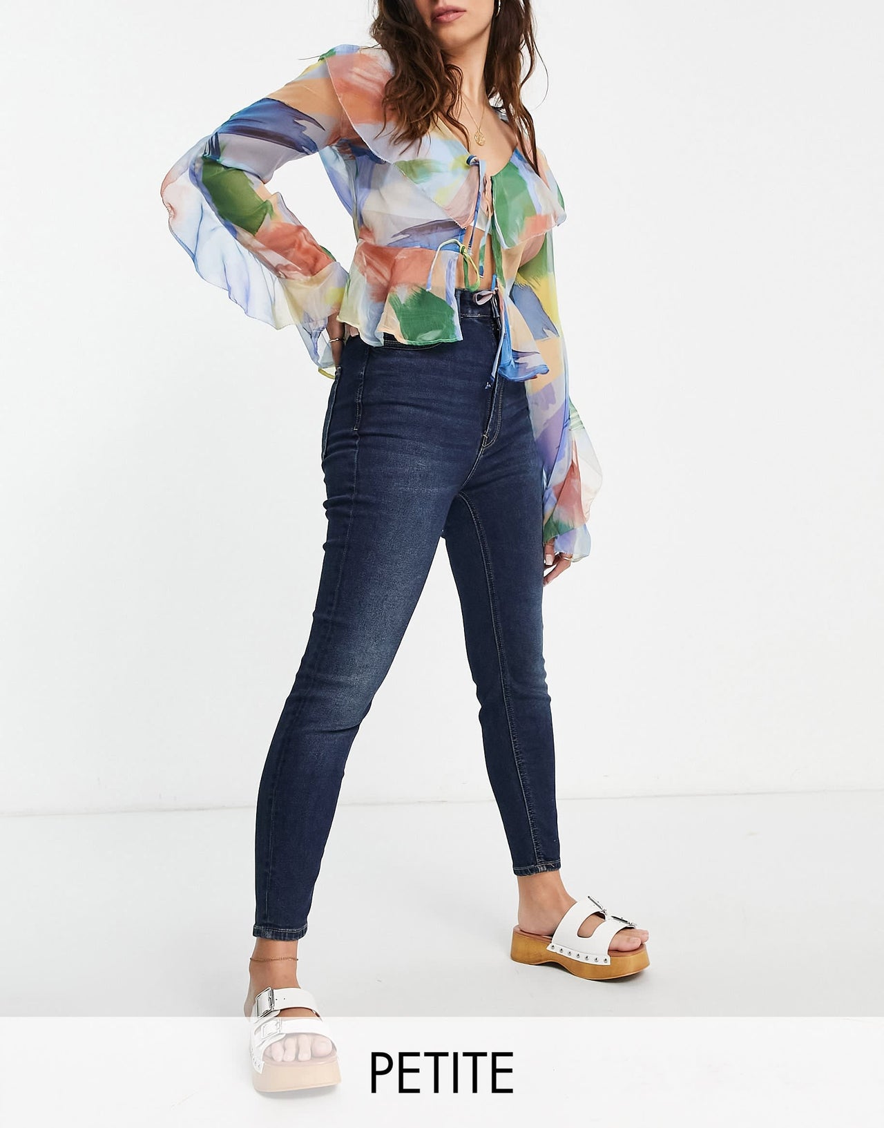 Stradivarius Petite super high waist skinny jean in dark blue