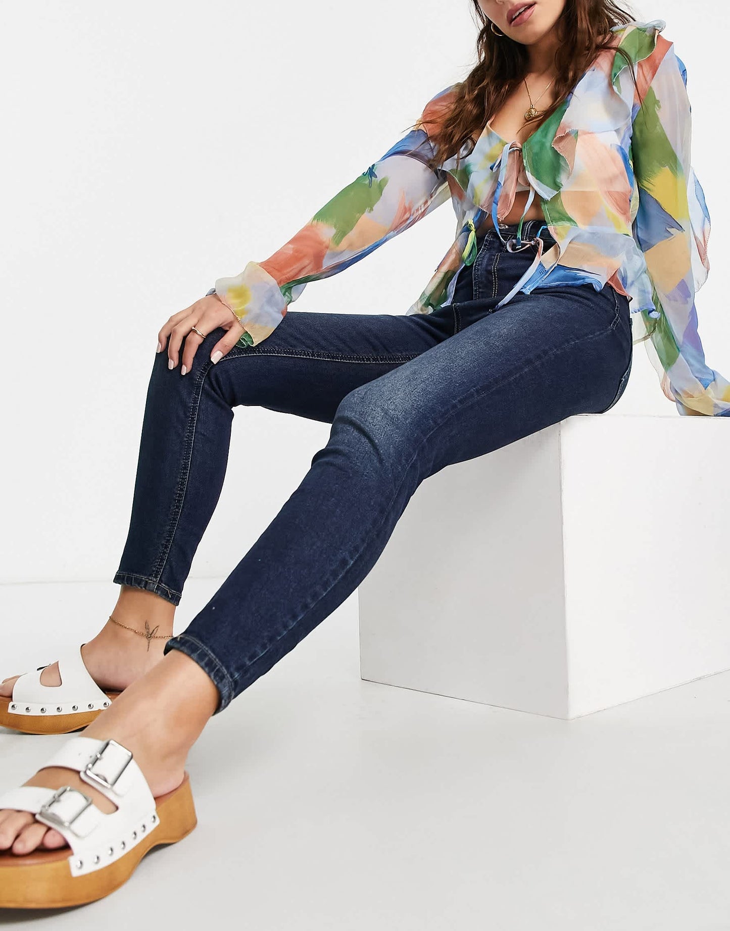 Stradivarius Petite super high waist skinny jean in dark blue