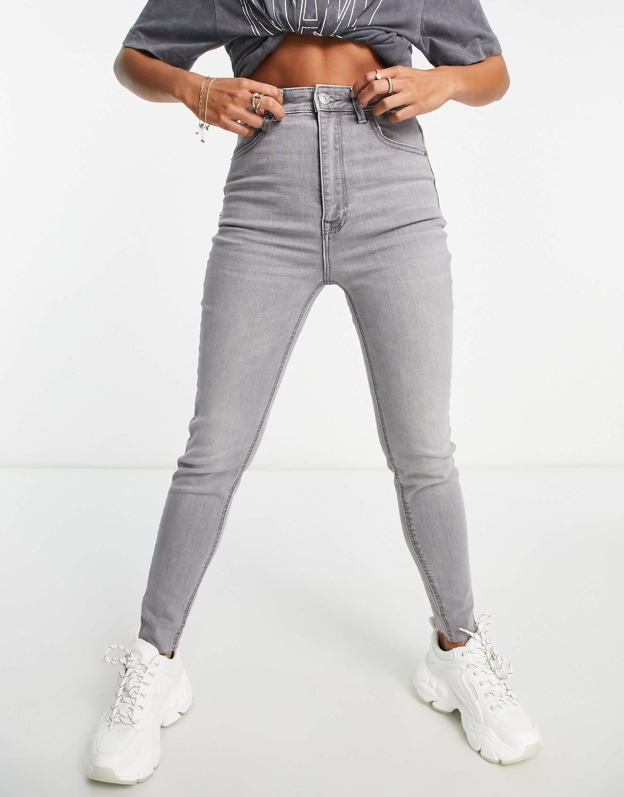 Stradivarius Petite super high waist skinny jean in grey