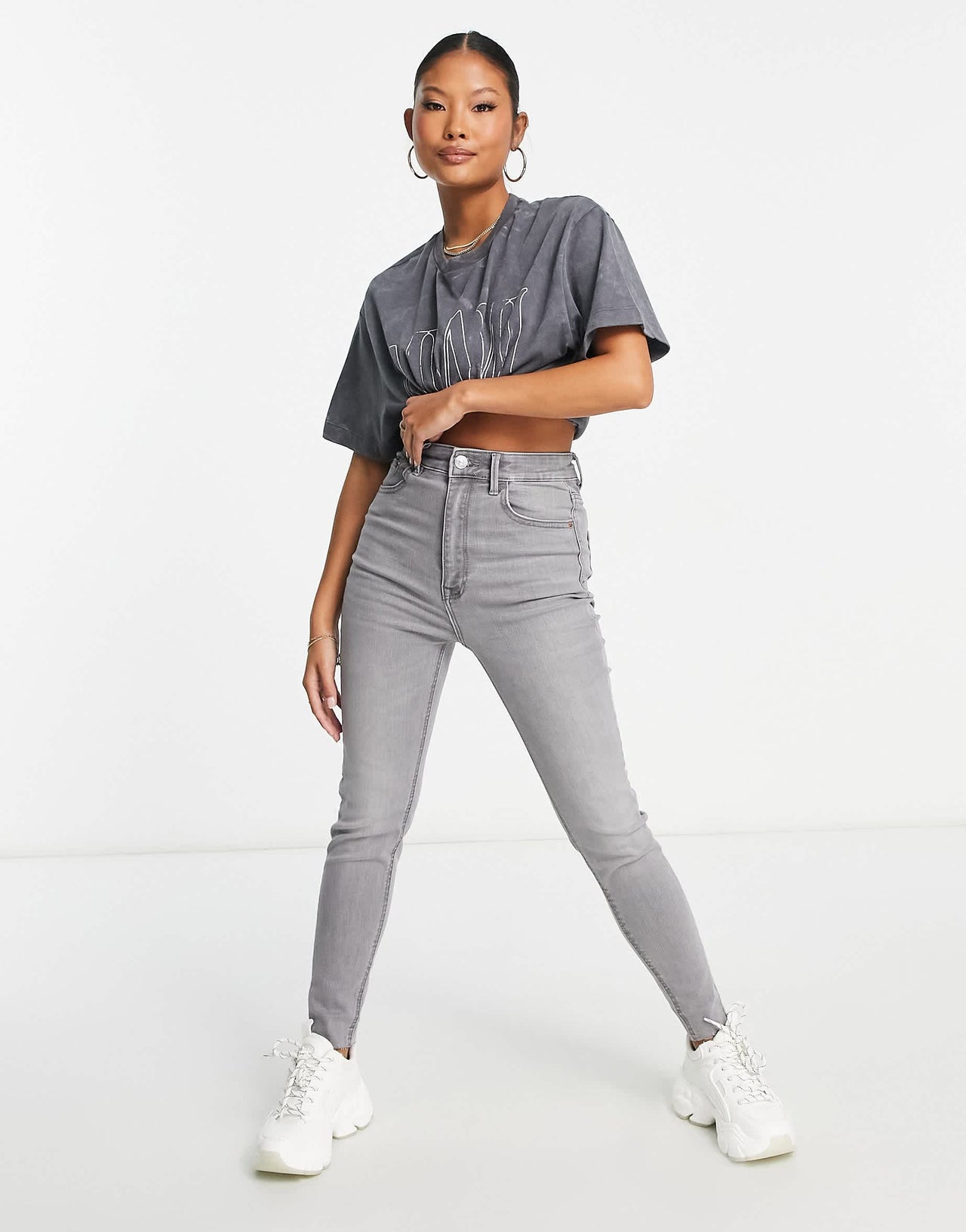Stradivarius Petite super high waist skinny jean in grey