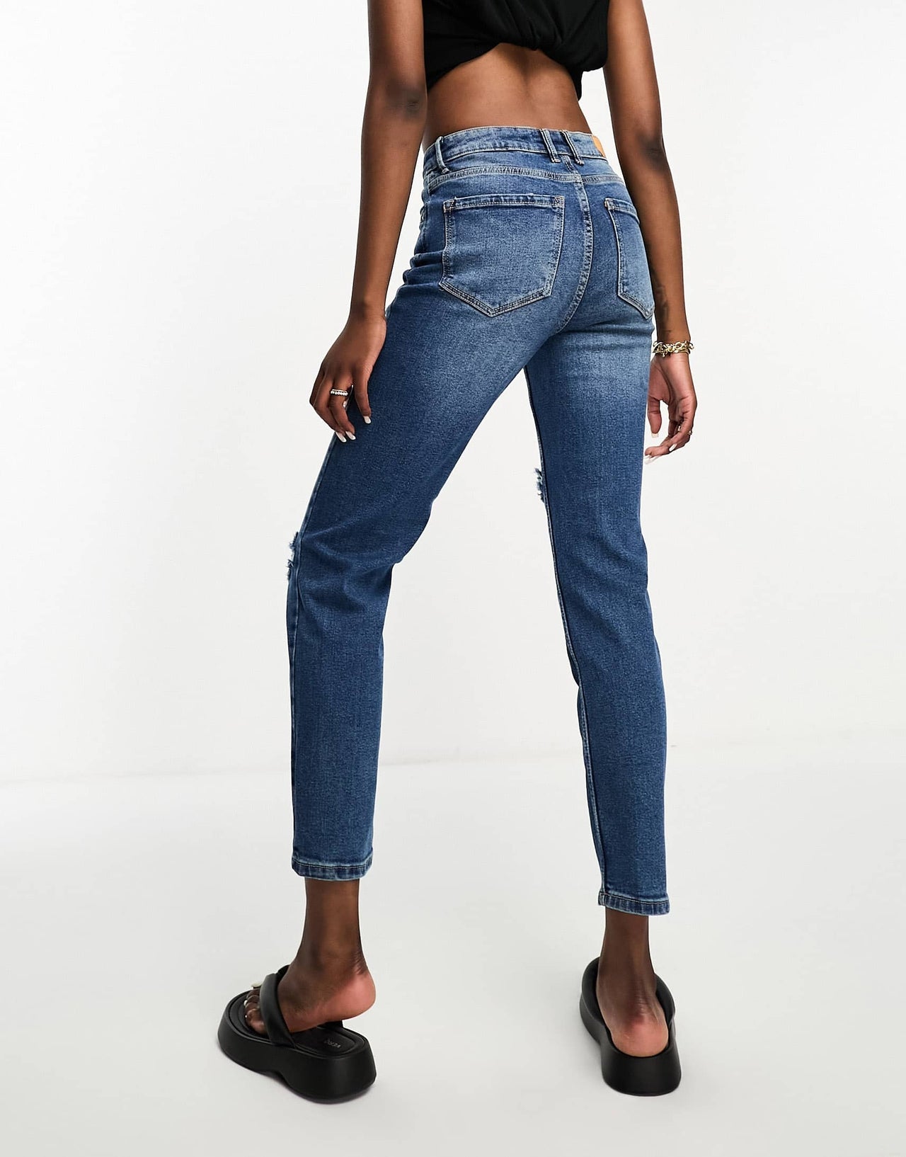 Stradivarius Tall slim mom jean with stretch and rip in medium blue