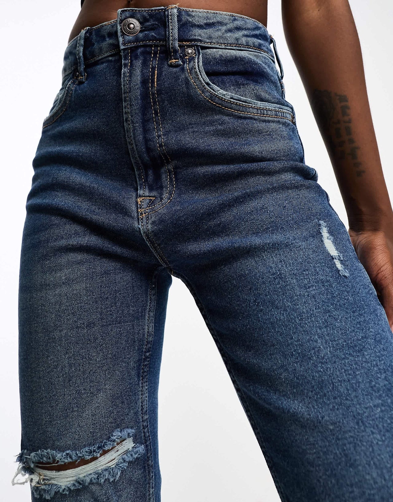Stradivarius Tall slim mom jean with stretch and rip in medium blue