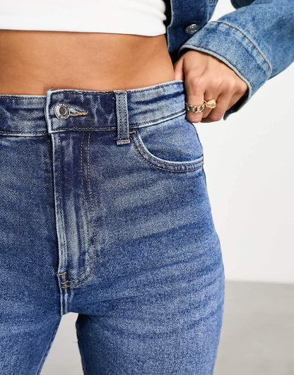 Bershka high waisted bootcut jeans in dark wash blue