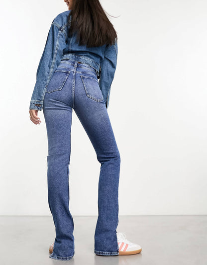 Bershka high waisted bootcut jeans in dark wash blue