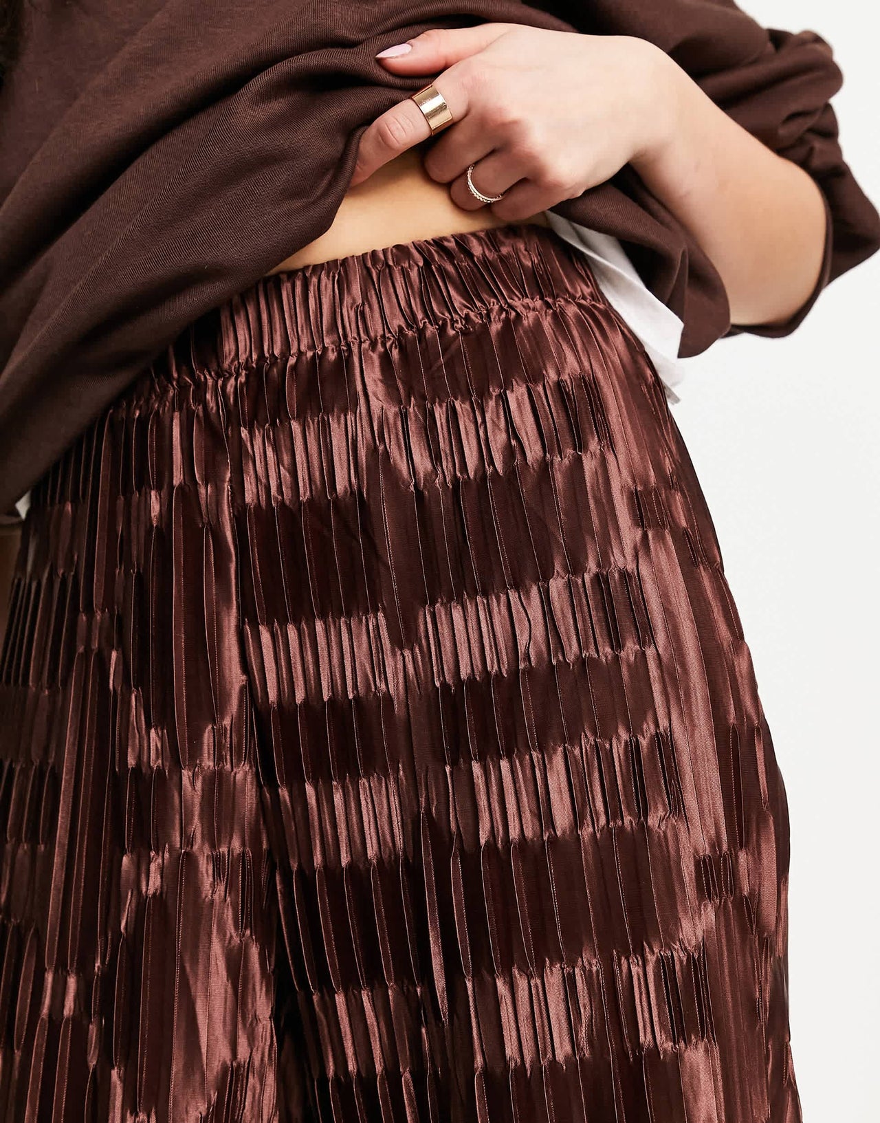 Urban Threads satin plisse wide leg trousers co-ord in chocolate brown