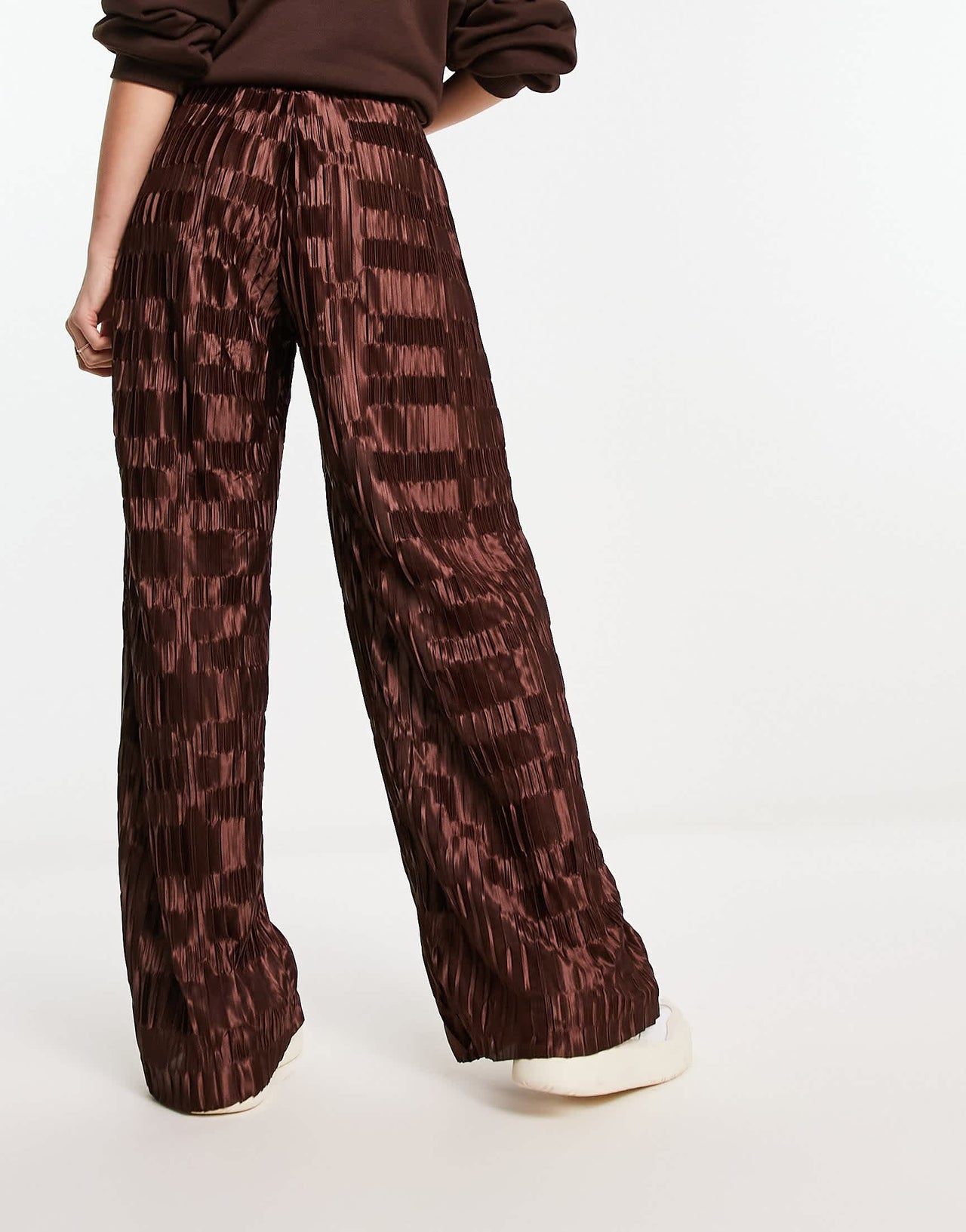 Urban Threads satin plisse wide leg trousers co-ord in chocolate brown