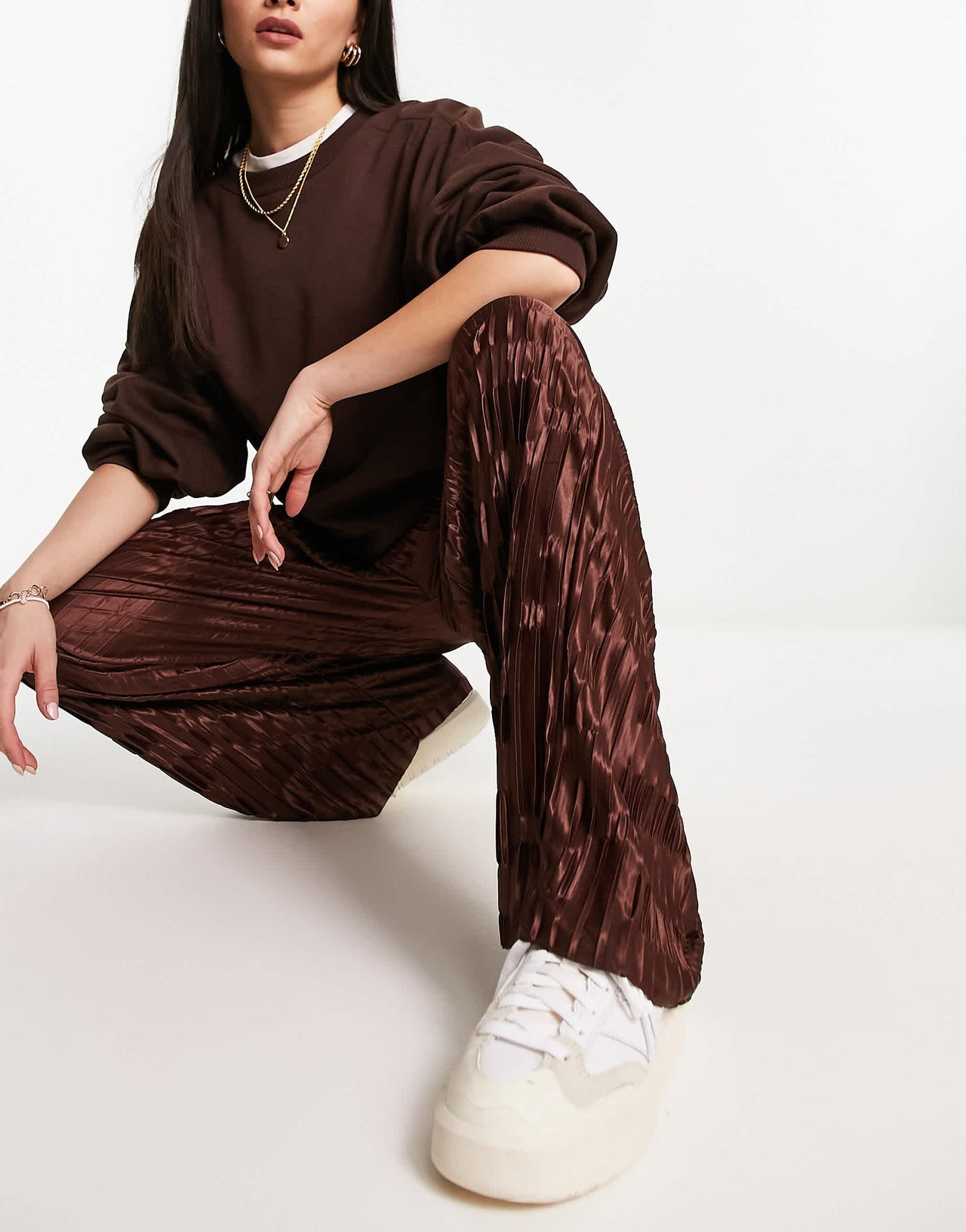 Urban Threads satin plisse wide leg trousers co-ord in chocolate brown