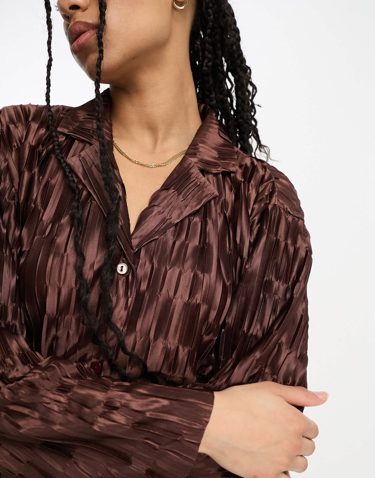 Urban Threads satin plisse oversized shirt co-ord in chocolate brown