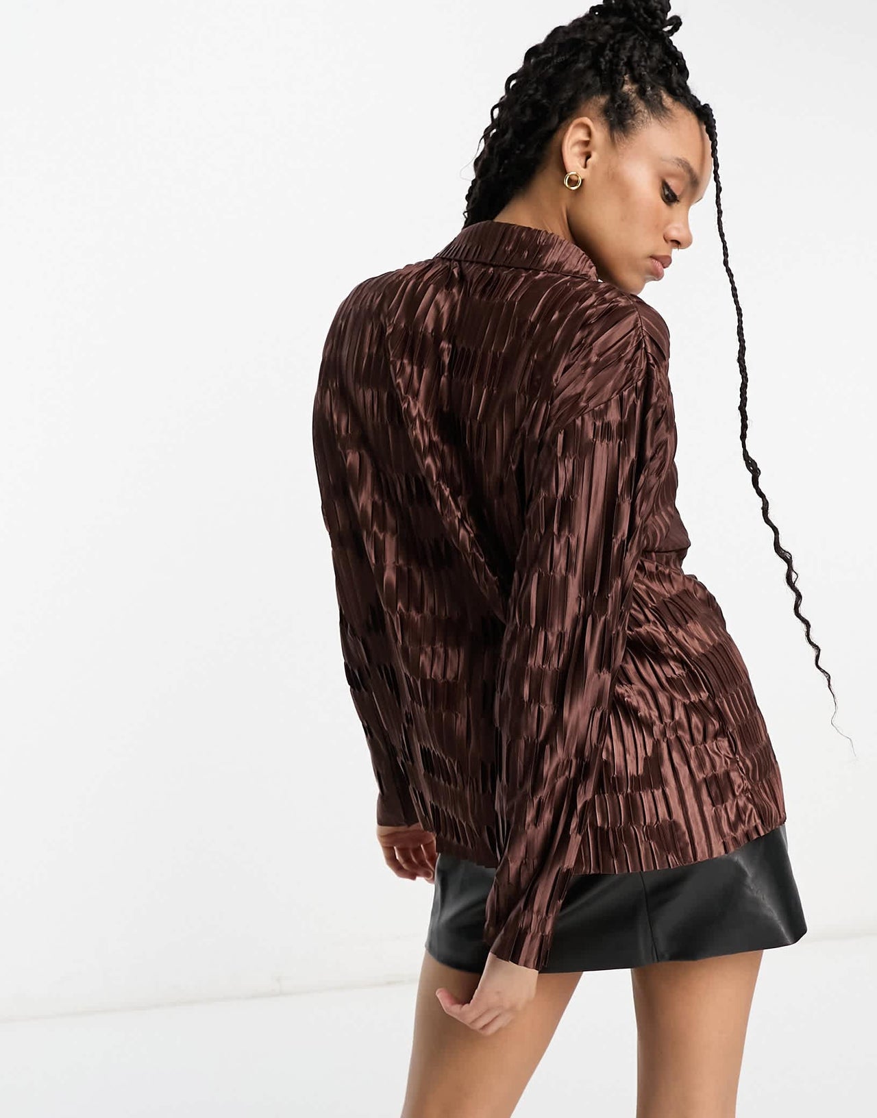Urban Threads satin plisse oversized shirt co-ord in chocolate brown