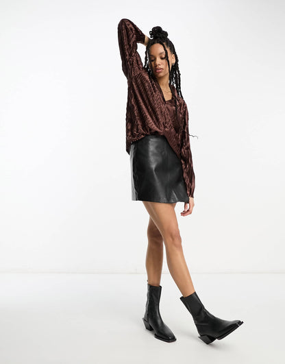 Urban Threads satin plisse oversized shirt co-ord in chocolate brown