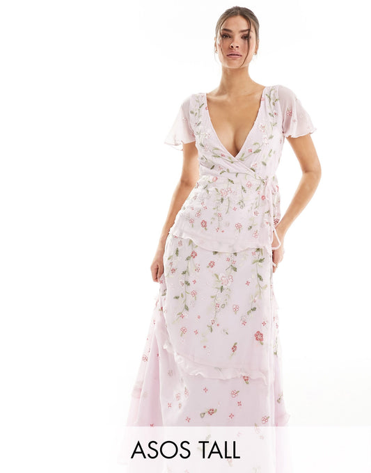 ASOS DESIGN Tall Bridesmaid flutter sleeve embellished wrap maxi dress with embroidery in light pink