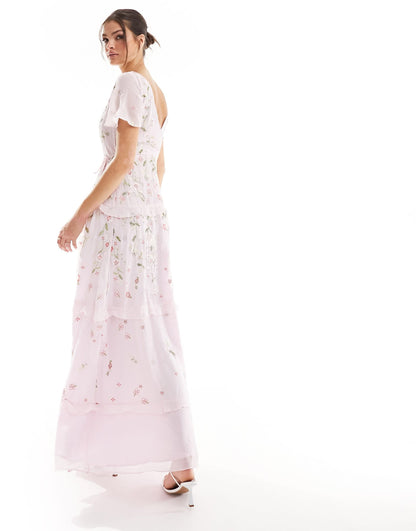 ASOS DESIGN Tall Bridesmaid flutter sleeve embellished wrap maxi dress with embroidery in light pink