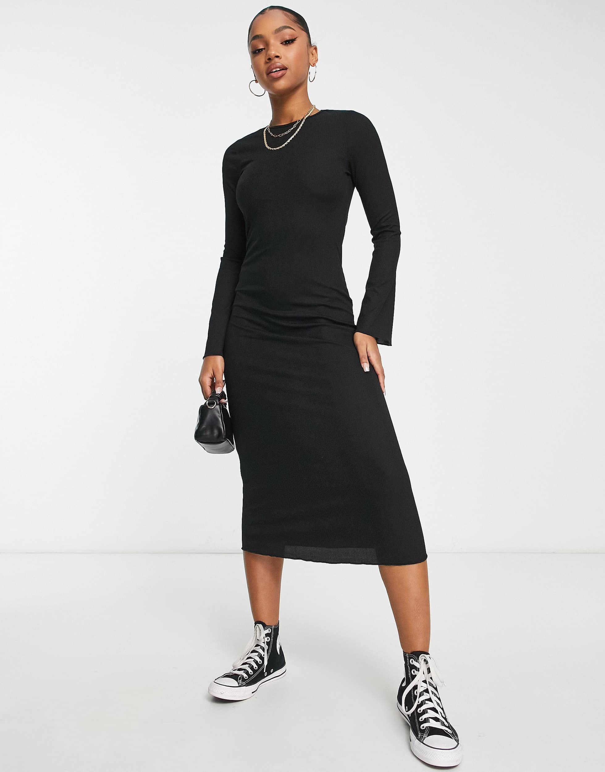 New Look lettuce edge flared sleeve ribbed midi dress in black