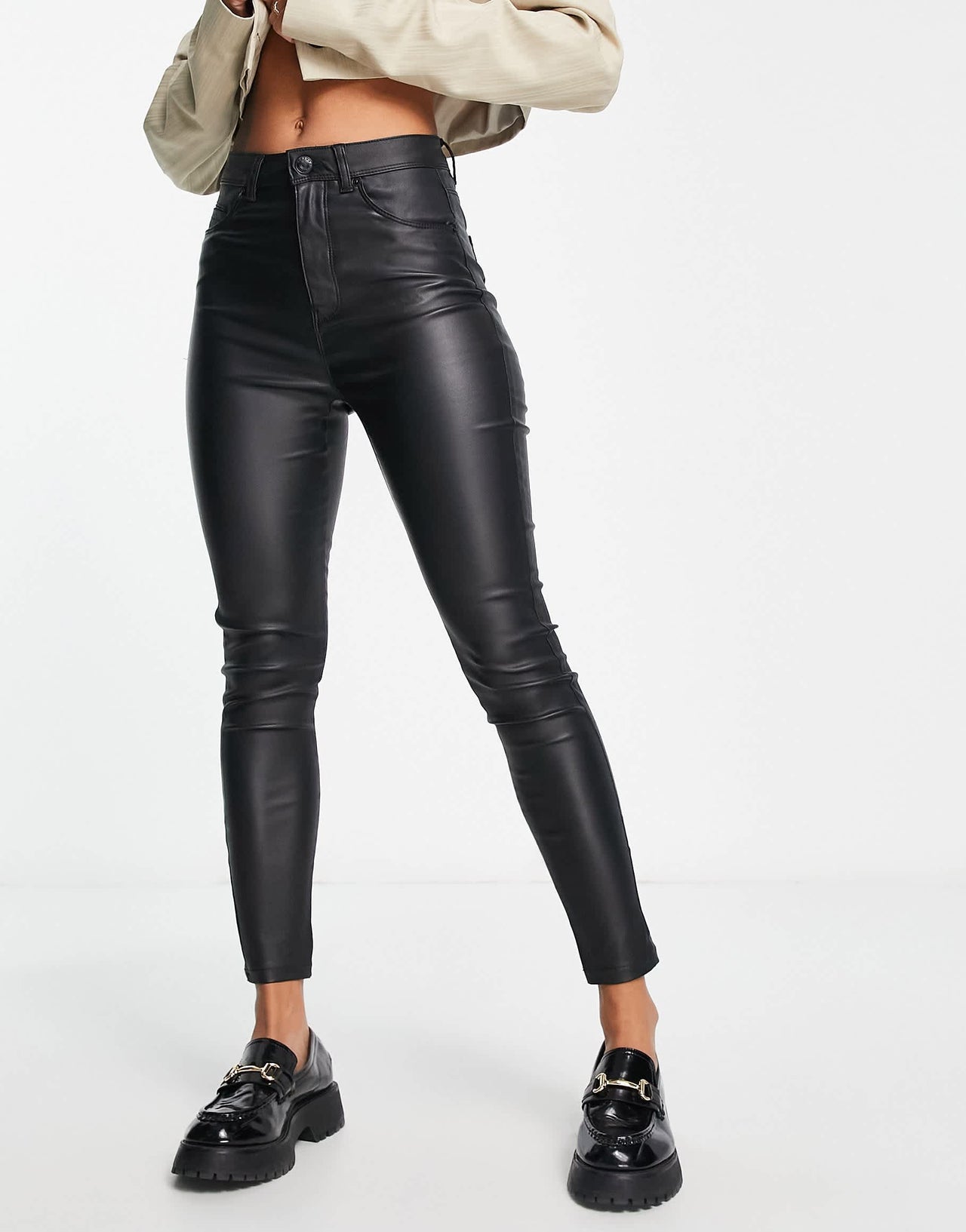 Bershka coated faux leather skinny trouser in black