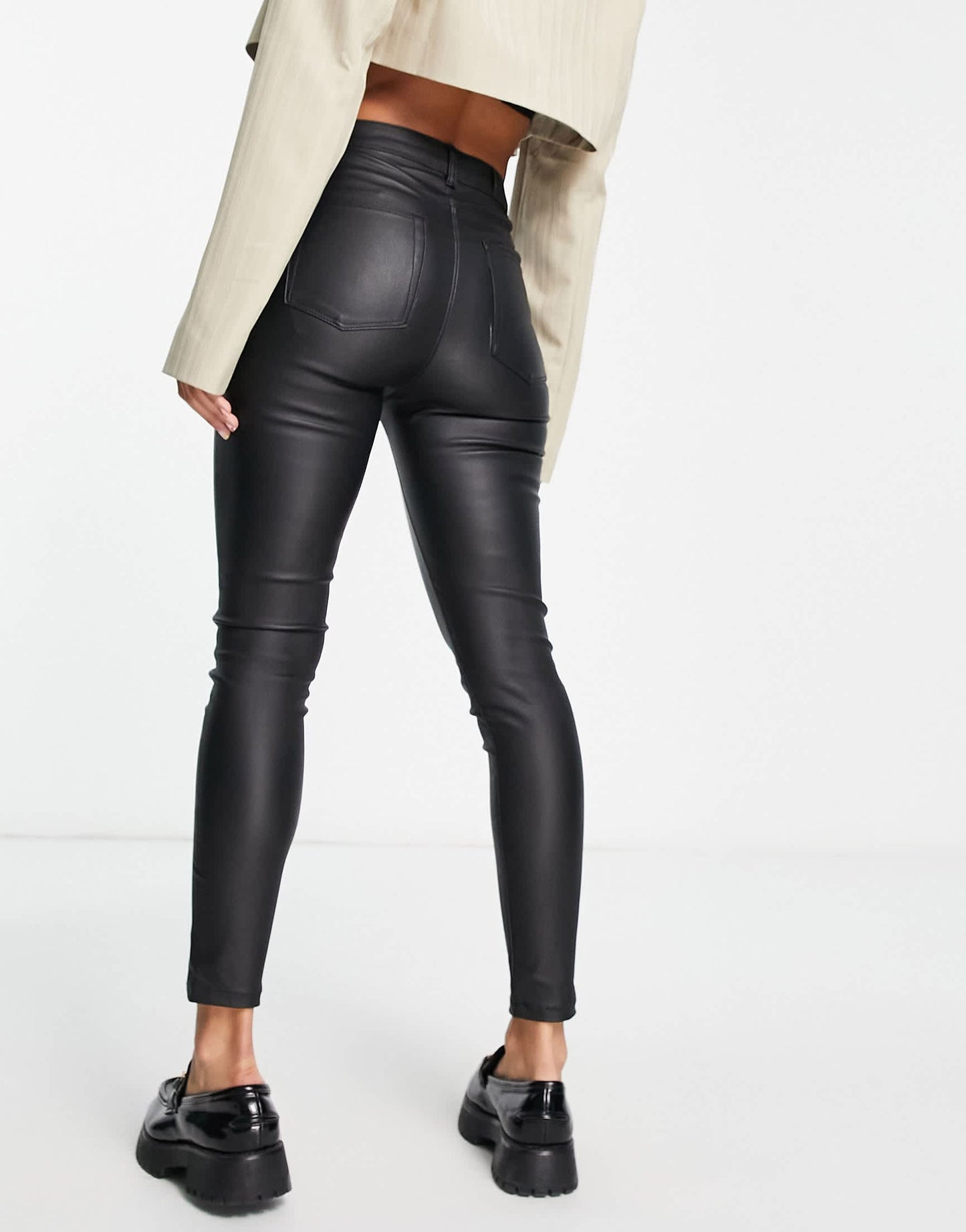 Bershka coated faux leather skinny trouser in black