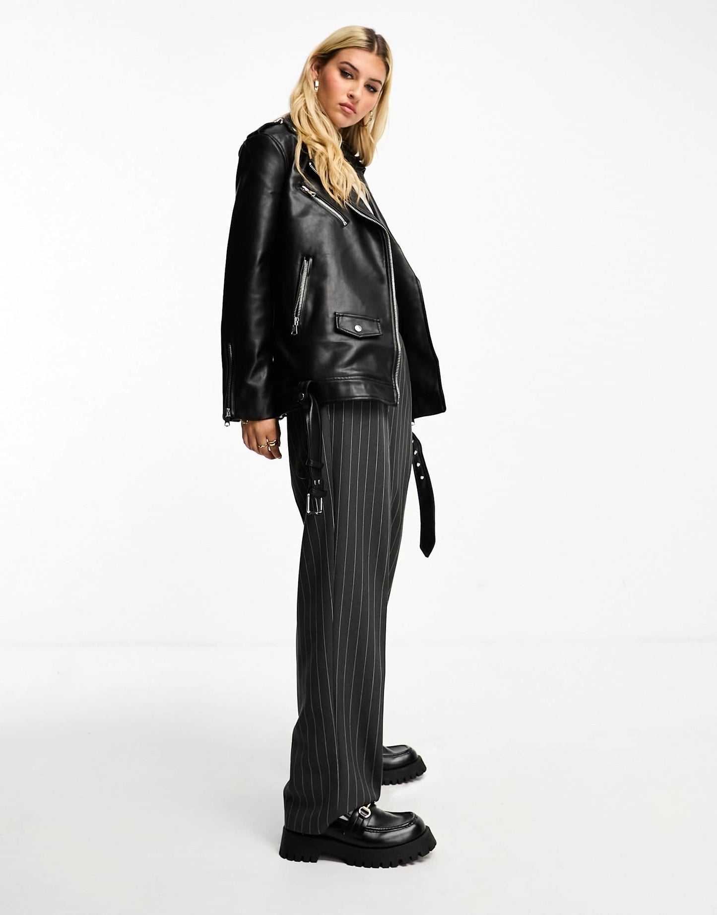 Stradivarius oversized faux leather biker jacket in black