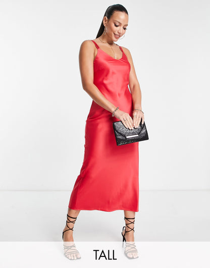 River Island Tall satin cowl neck midi dress in red