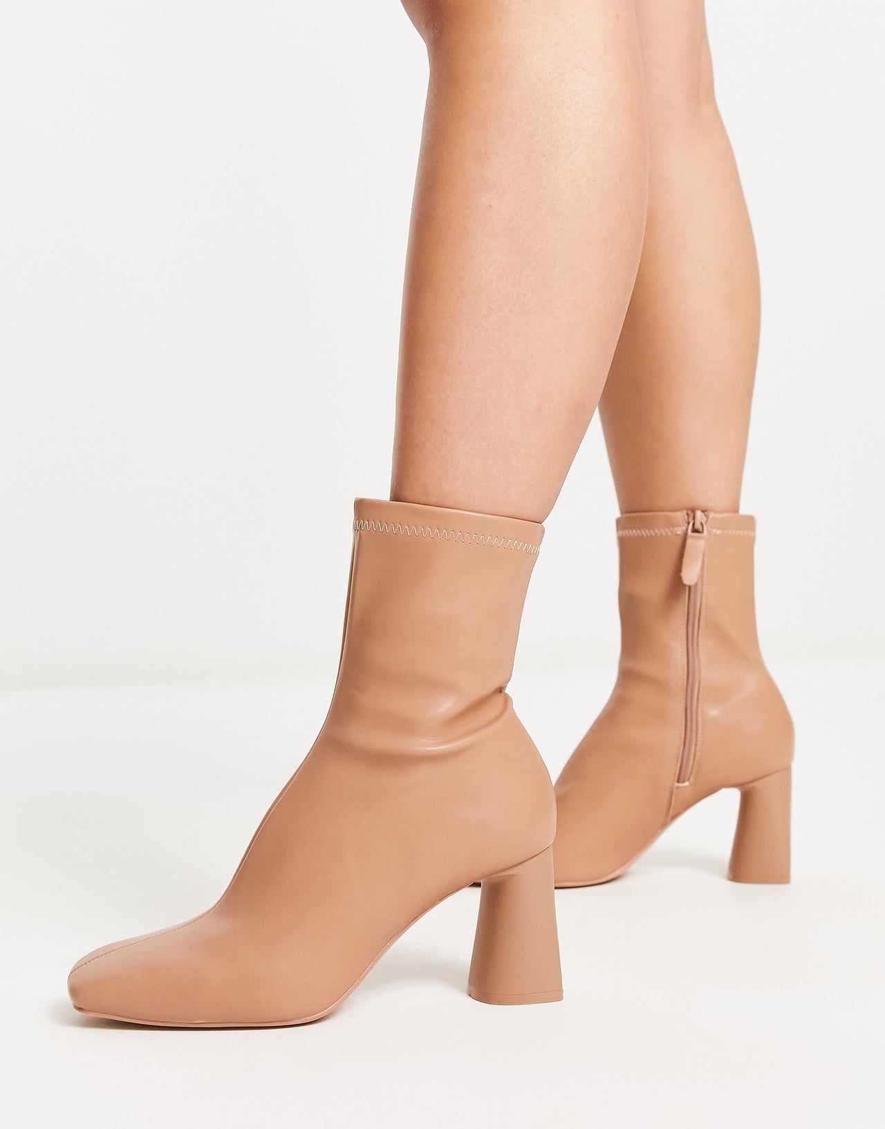Stradivarius wide fit mid heel sock boot in camel