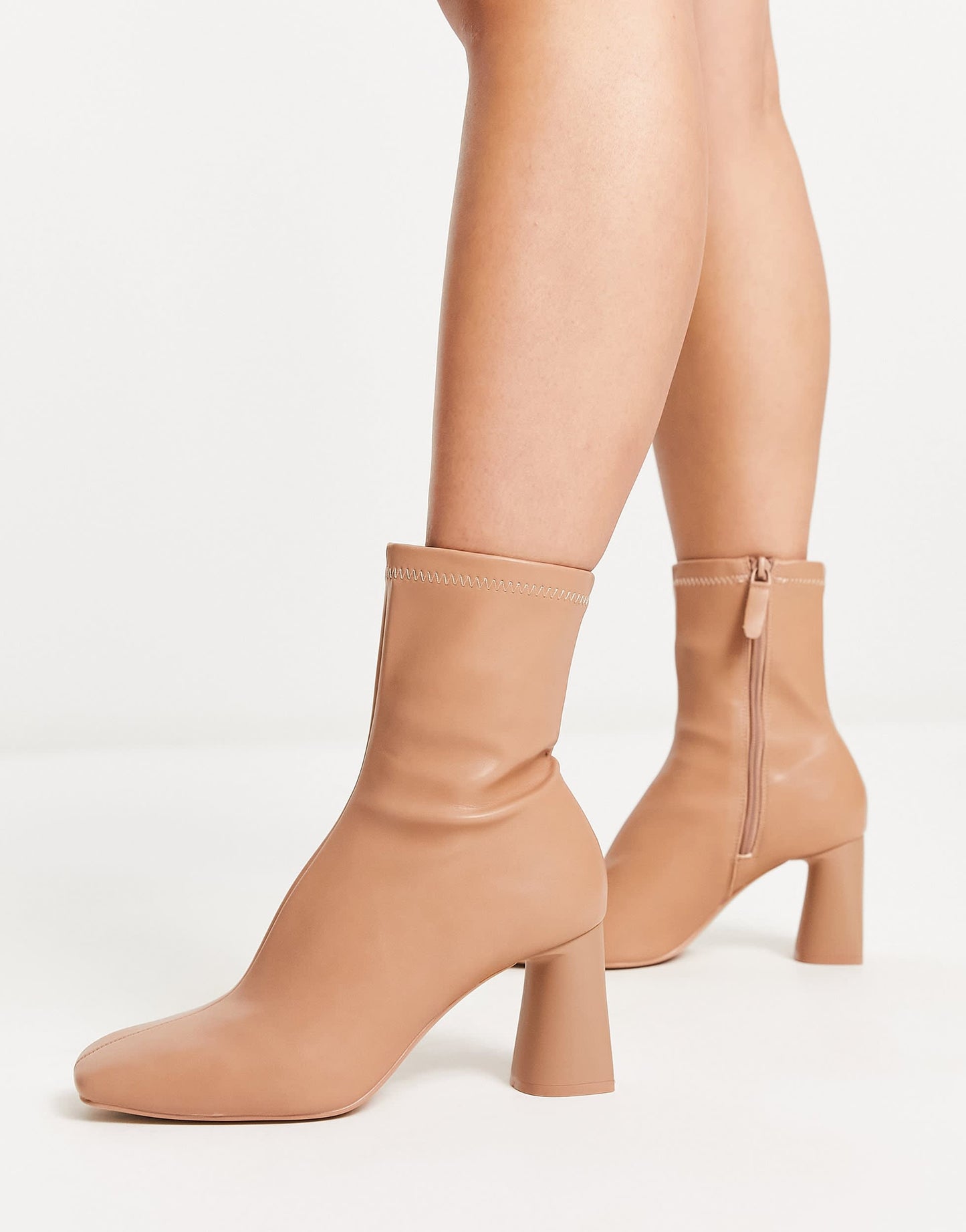 Stradivarius wide fit mid heel sock boot in camel