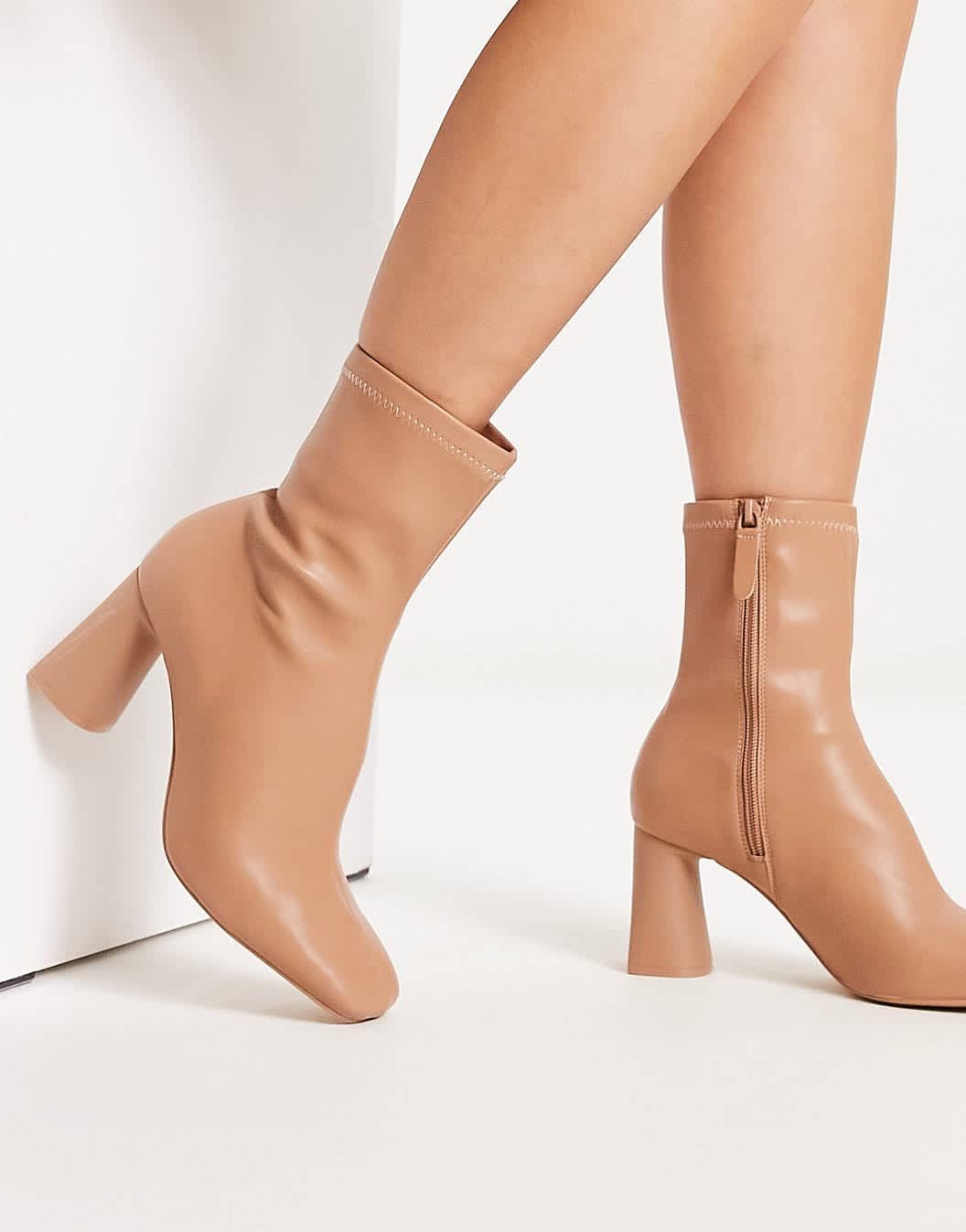 Stradivarius wide fit mid heel sock boot in camel