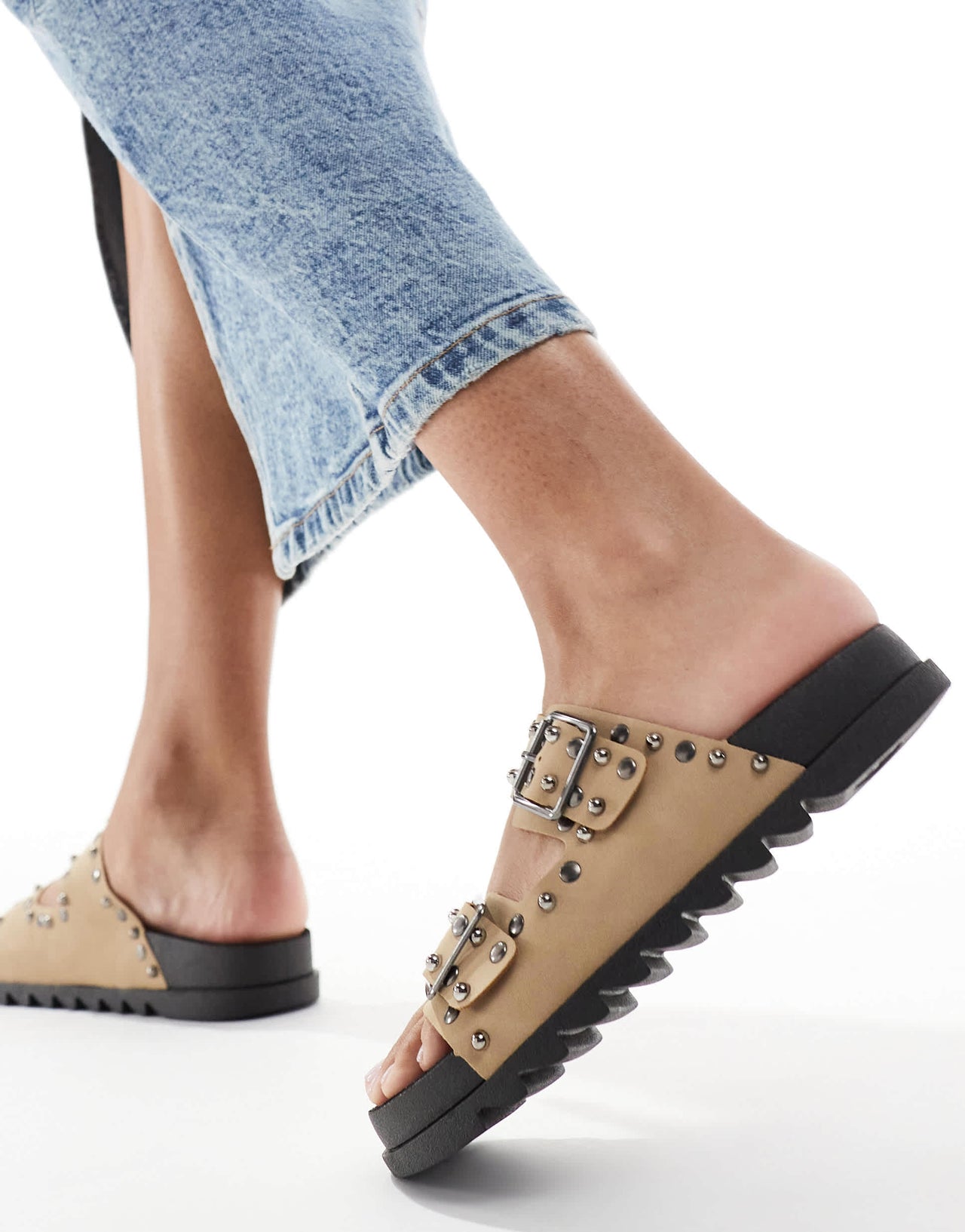 ASOS DESIGN Fantasy studded flat sandal in taupe