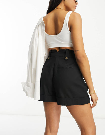 ASOS DESIGN Hourglass mom short with waist tabs with linen in black