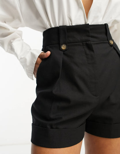 ASOS DESIGN Hourglass mom short with waist tabs with linen in black