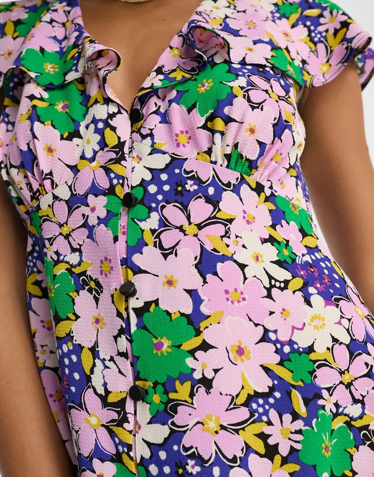 ASOS DESIGN flutter sleeve mini tea dress with buttons in purple floral print