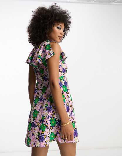ASOS DESIGN flutter sleeve mini tea dress with buttons in purple floral print