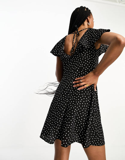 ASOS DESIGN Tall flutter sleeve mini tea dress with buttons in mono spot