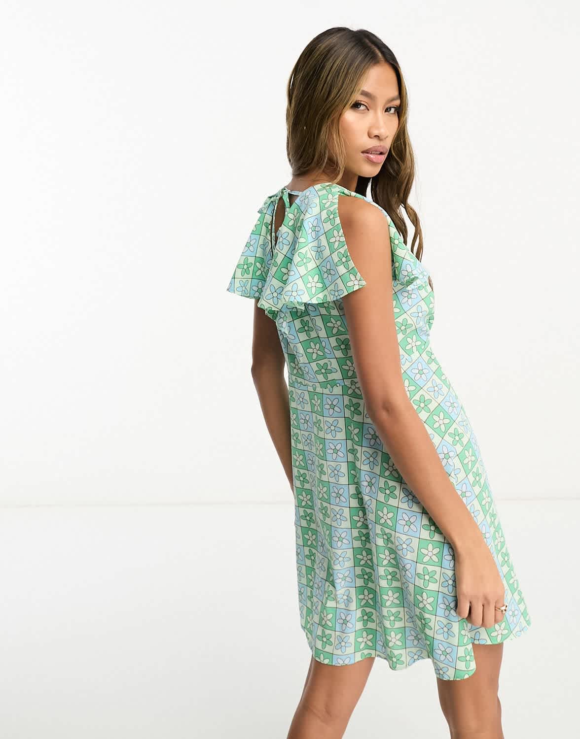 ASOS DESIGN flutter sleeve mini tea dress with buttons in blue tile print