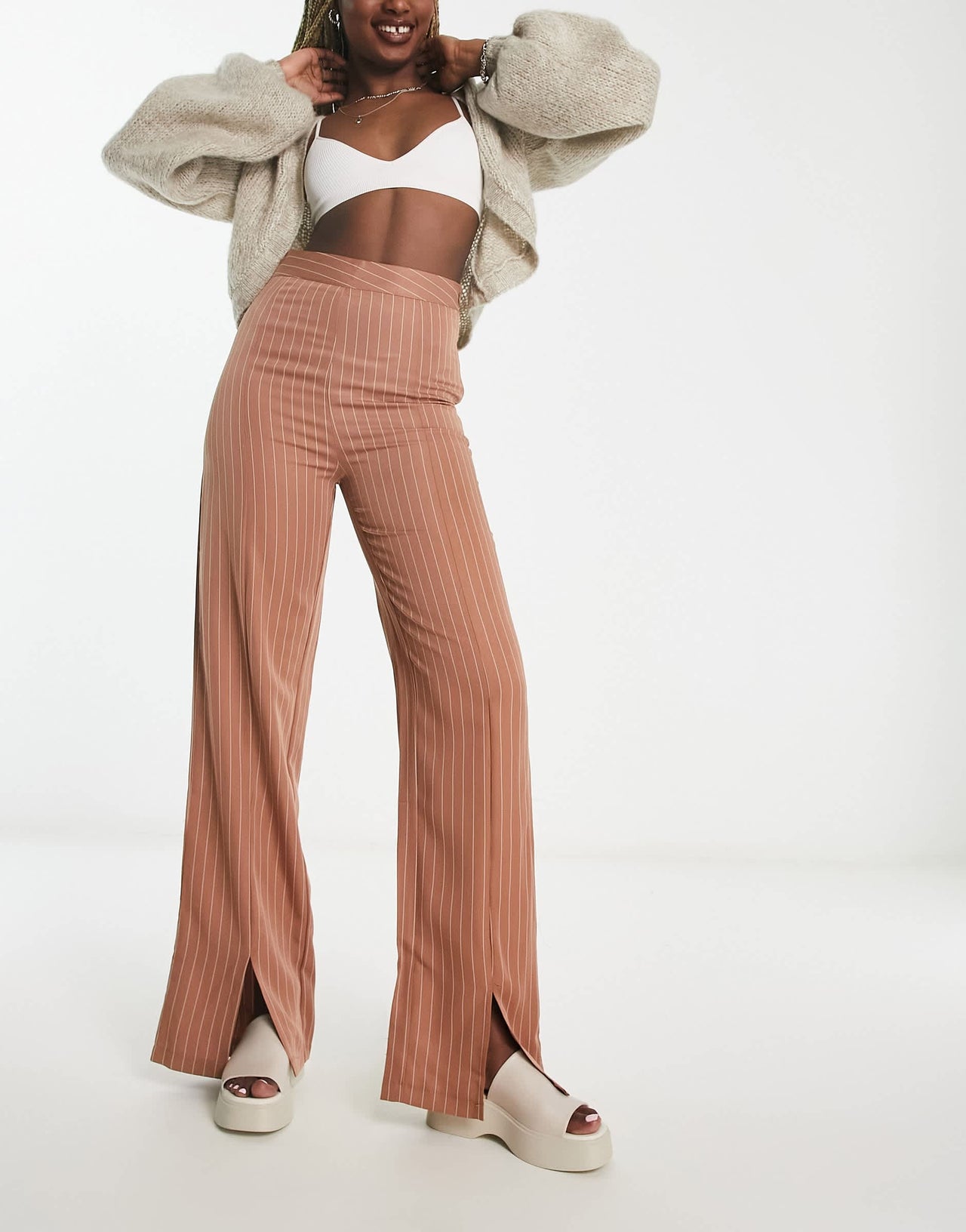 Heartbreak pinstripe wide leg split front trousers in brown