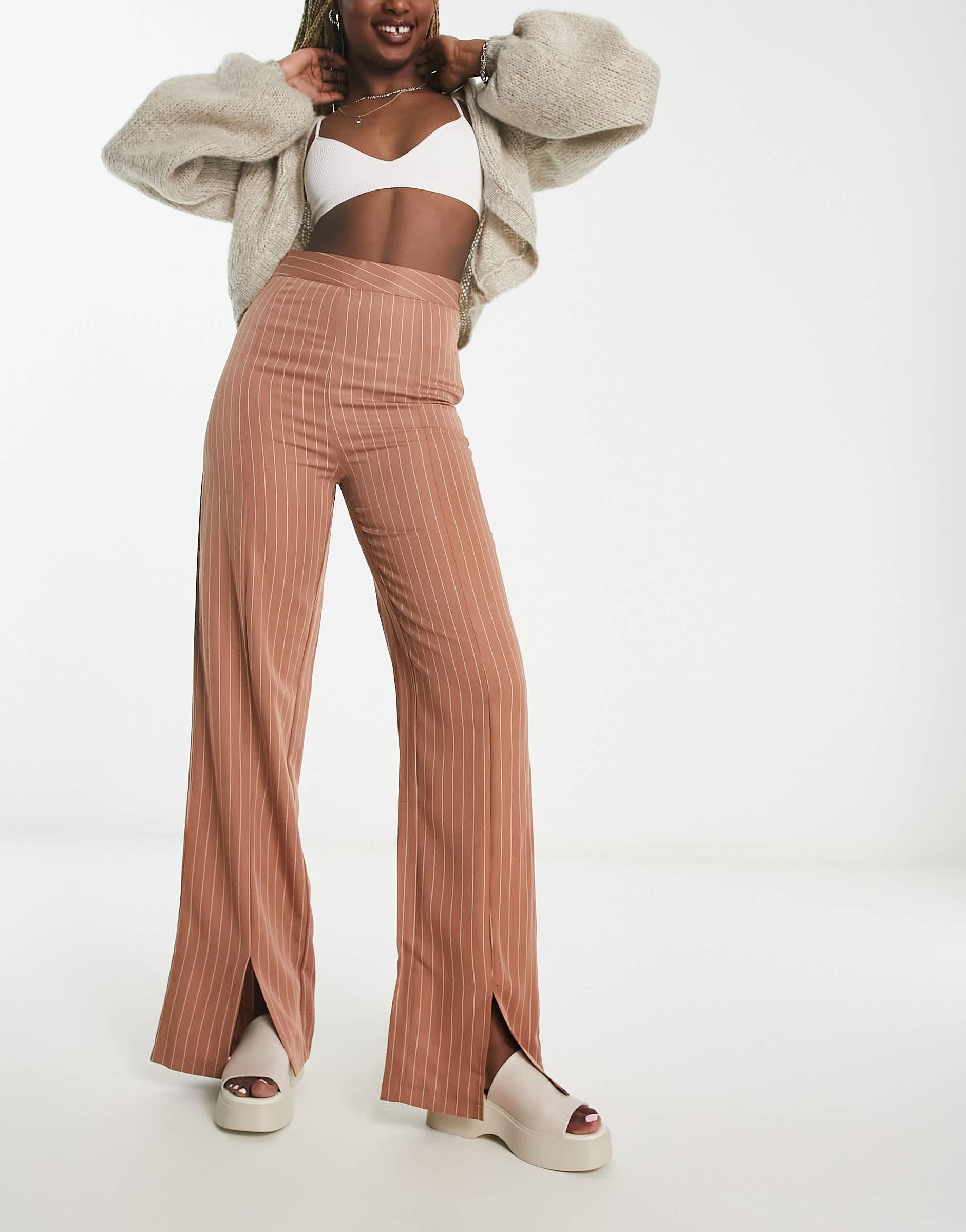 Heartbreak pinstripe wide leg split front trousers in brown