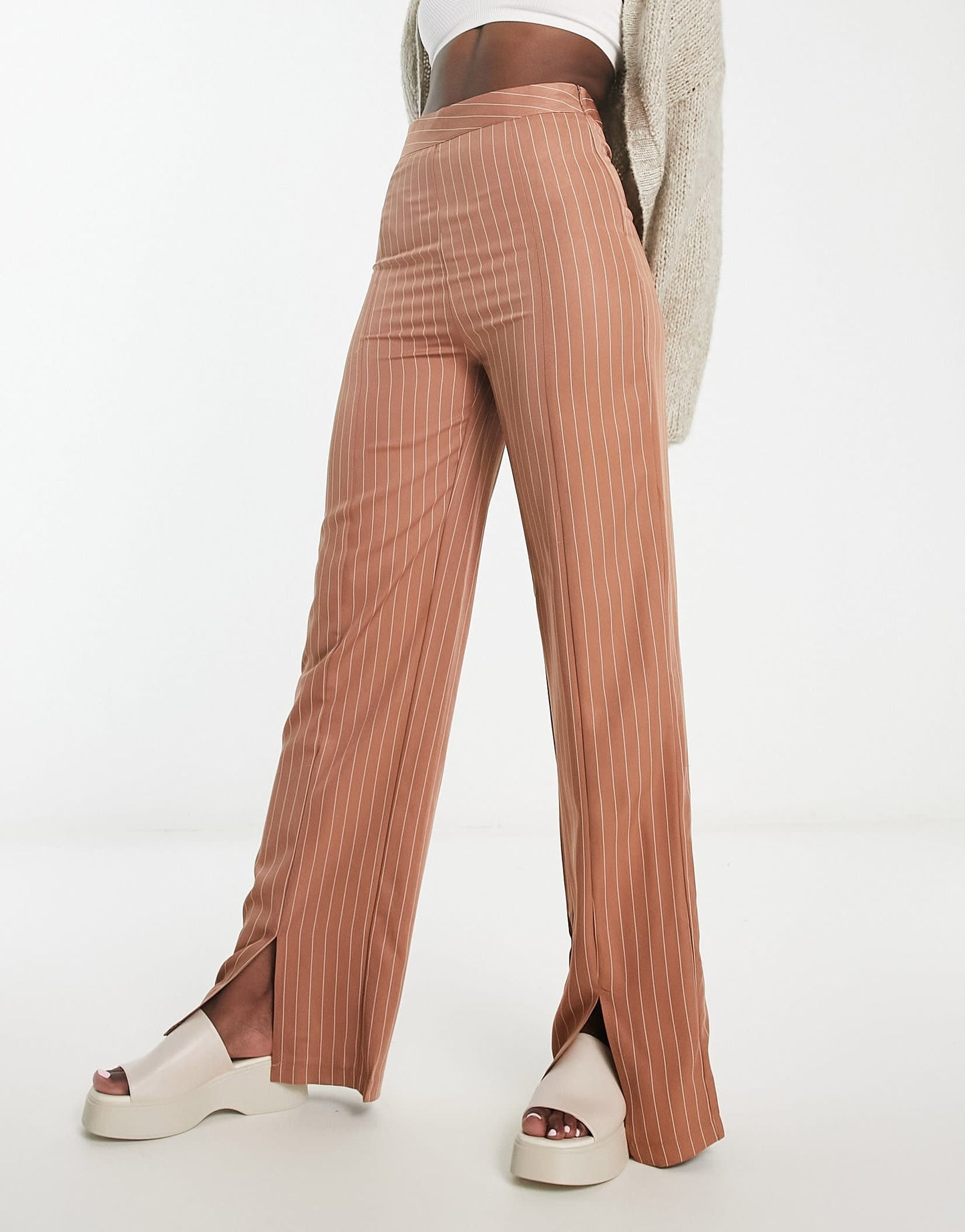 Heartbreak pinstripe wide leg split front trousers in brown