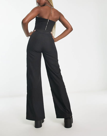 Heartbreak pinstripe wide leg split front trousers in black