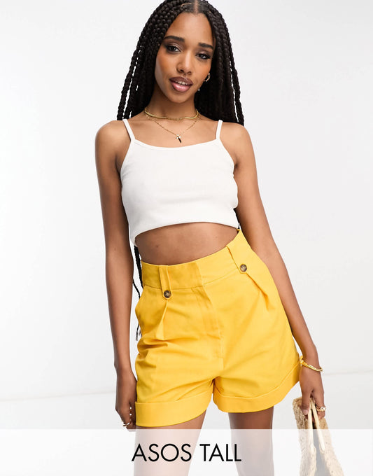 ASOS DESIGN Tall mom short with waist tabs with linen in citrus