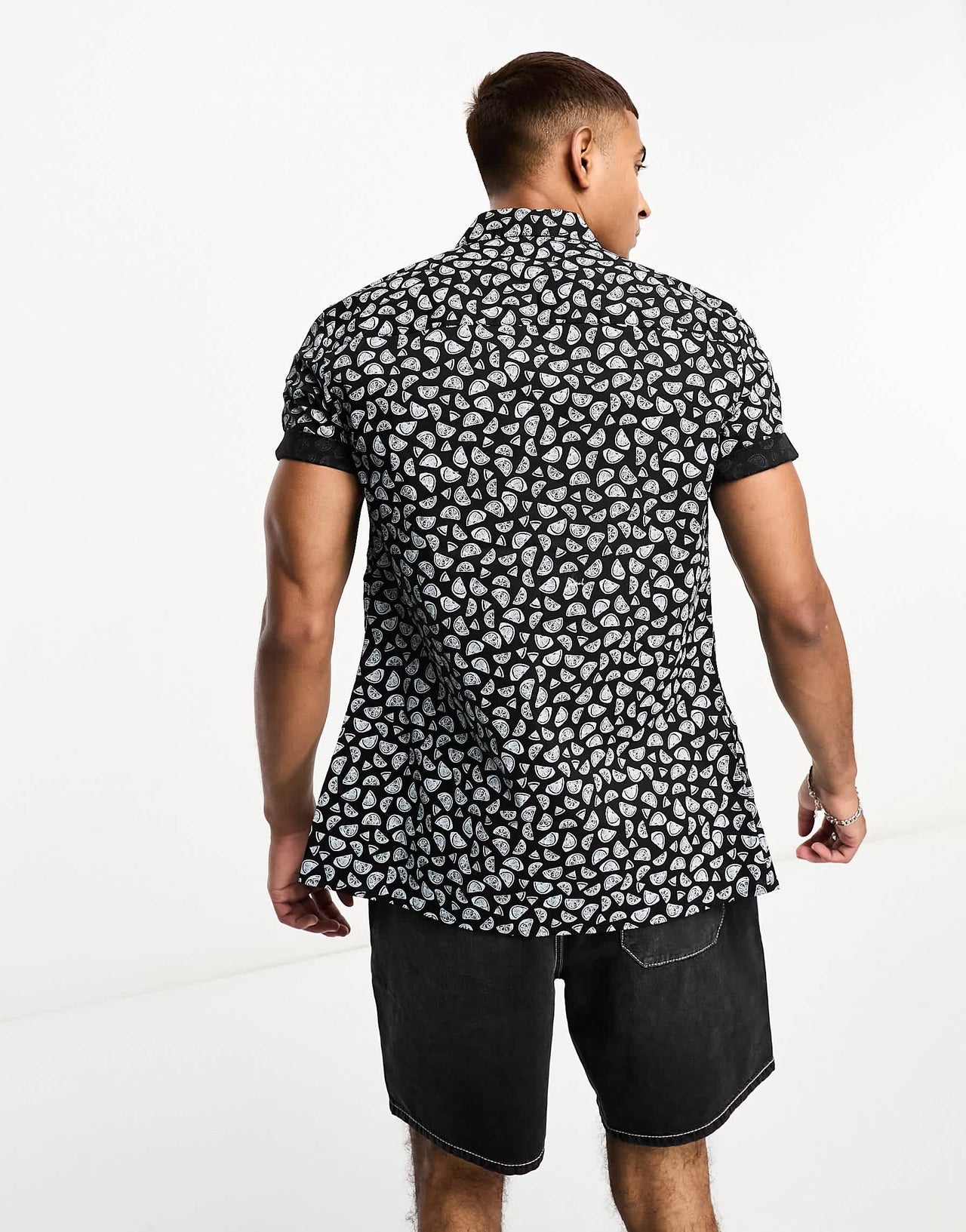 ASOS DESIGN stretch slim shirt in navy fruit print