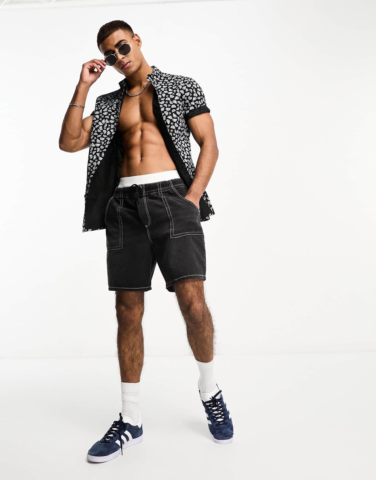 ASOS DESIGN stretch slim shirt in navy fruit print