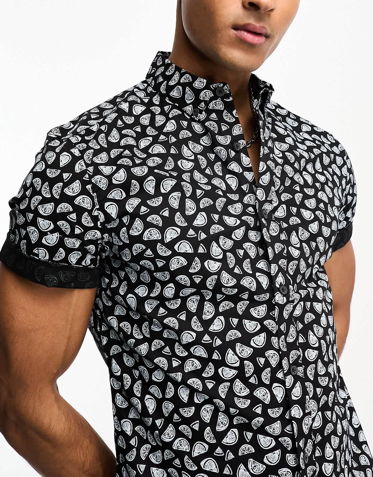 ASOS DESIGN stretch slim shirt in navy fruit print