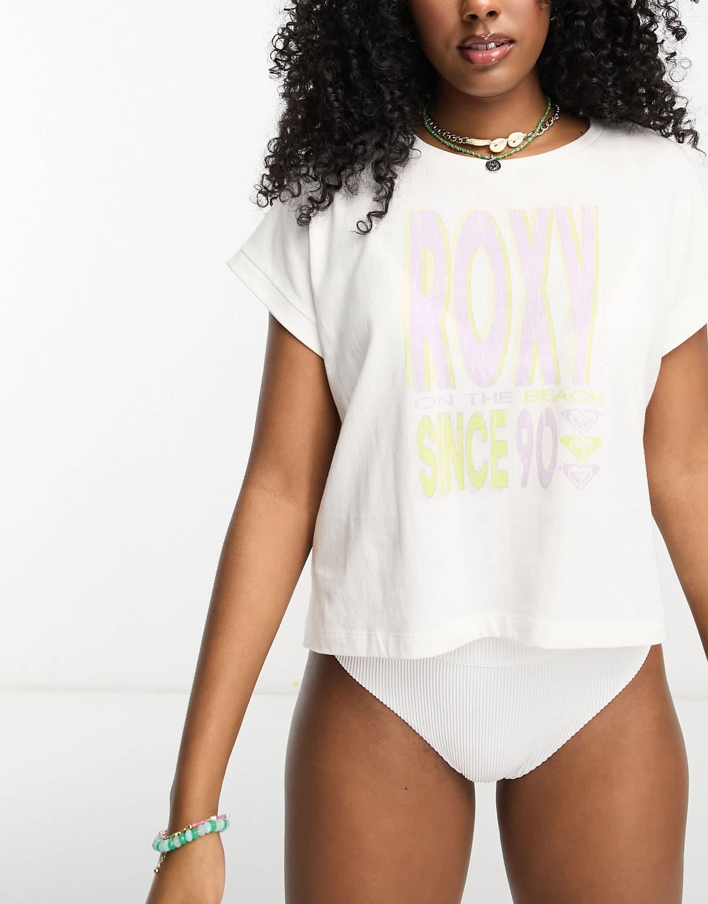 Roxy Alone On The Beach oversized crop t shirt in white