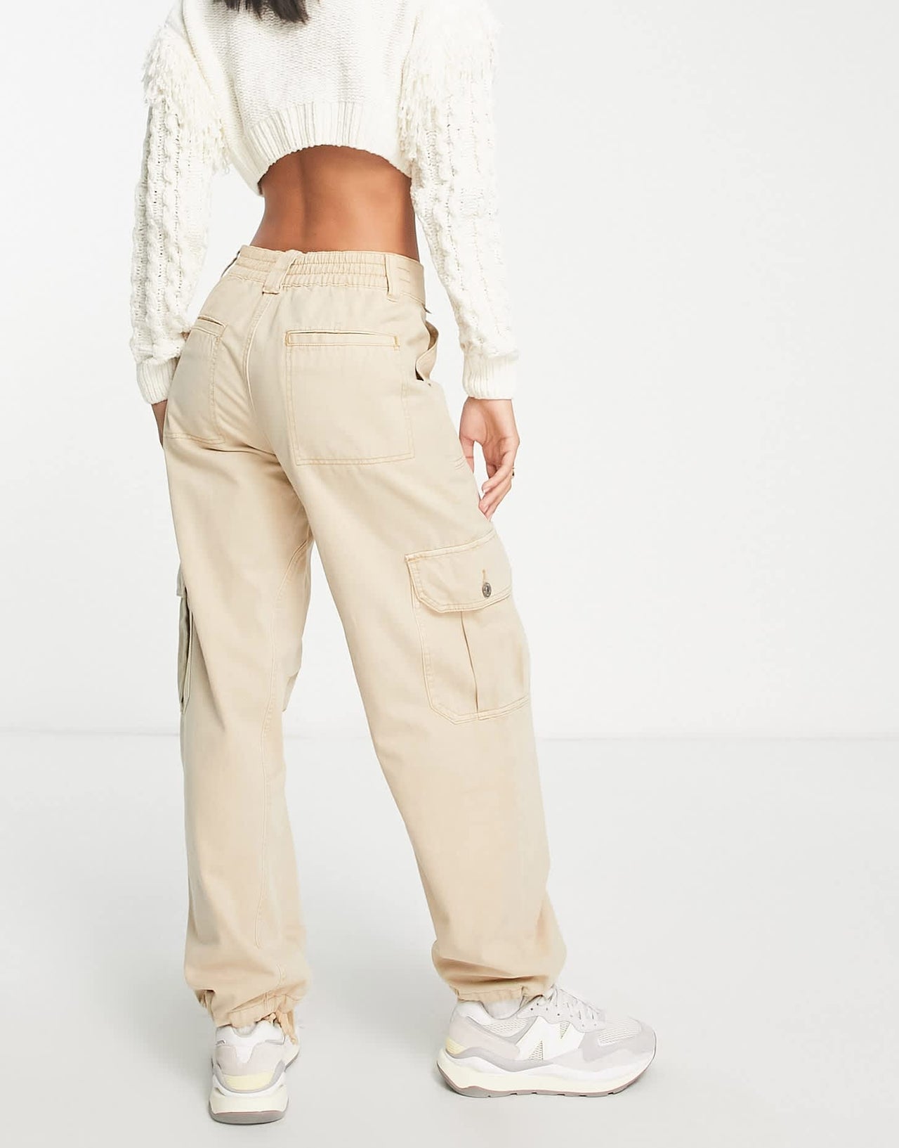 Pull&Bear mid waist tie detail oversized cargo trouser in stone