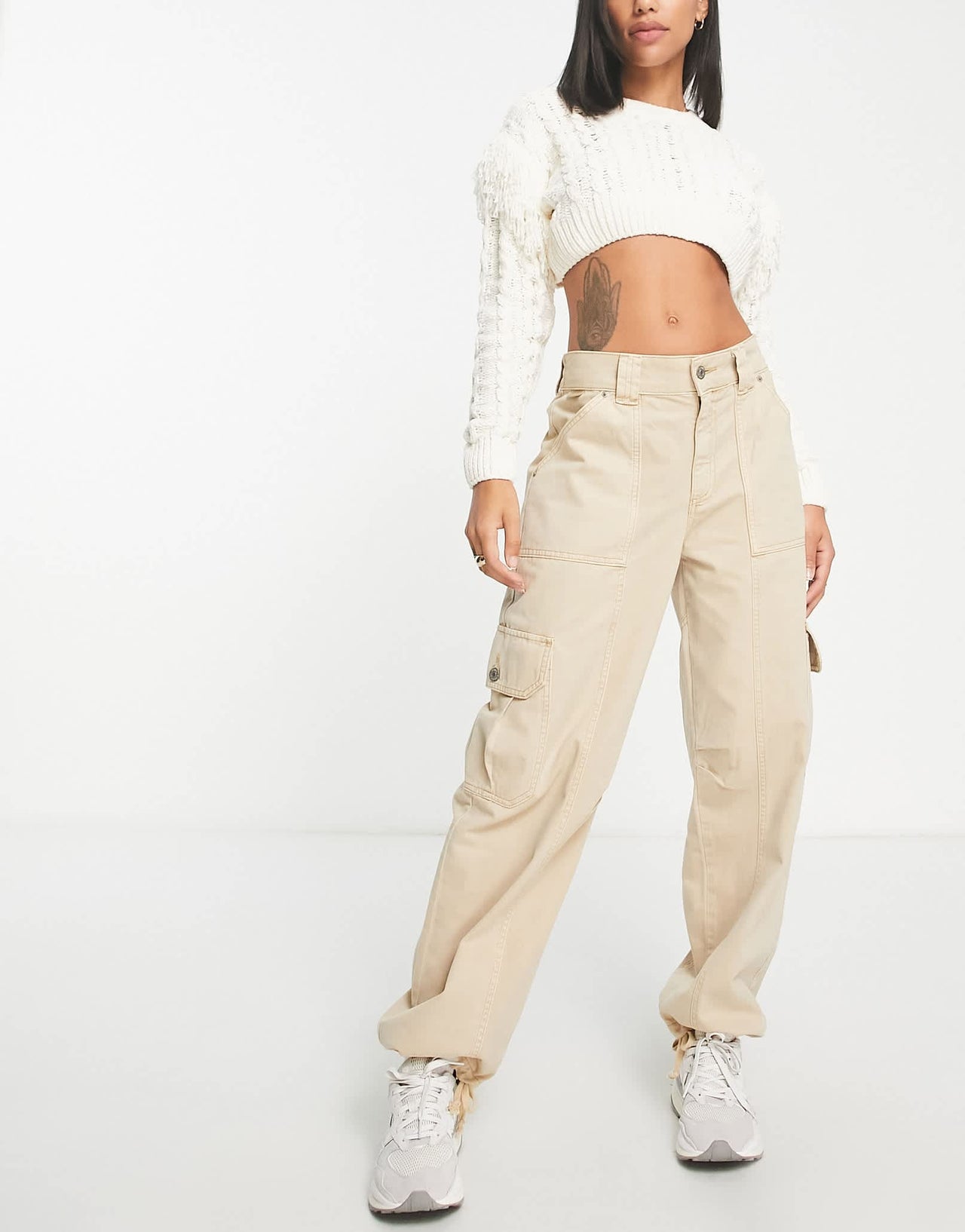 Pull&Bear mid waist tie detail oversized cargo trouser in stone