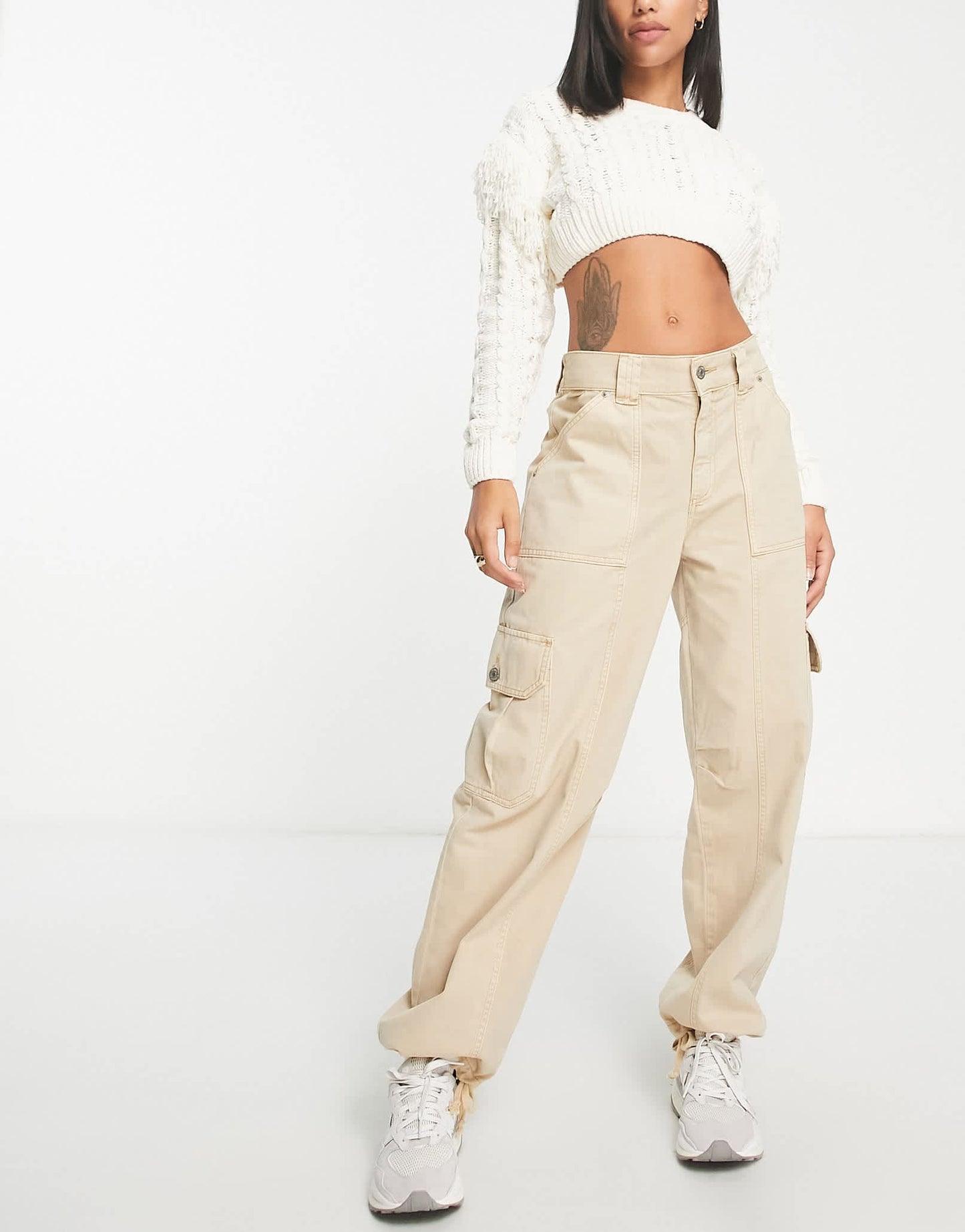 Pull&Bear mid waist tie detail oversized cargo trouser in stone