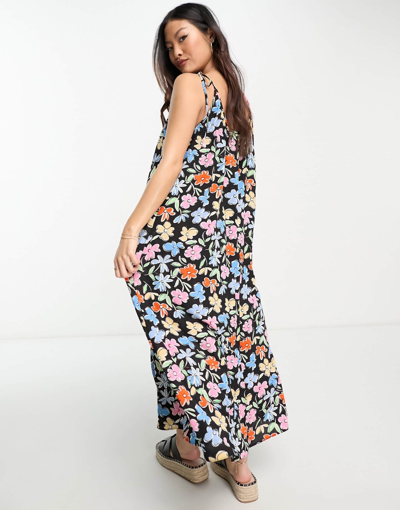ASOS DESIGN Petite tie strap detail trapeze maxi slip dress in multi floral print