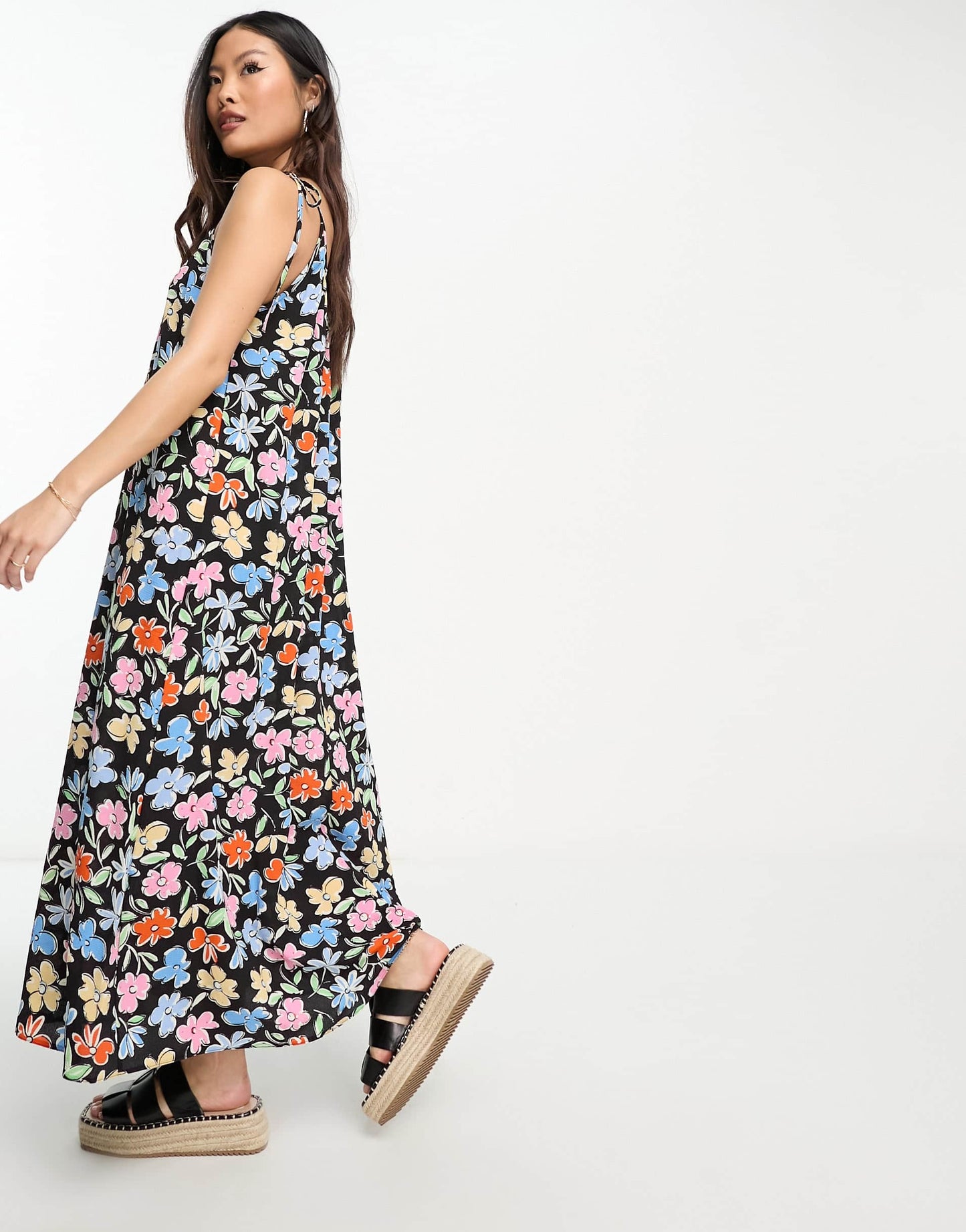 ASOS DESIGN Petite tie strap detail trapeze maxi slip dress in multi floral print