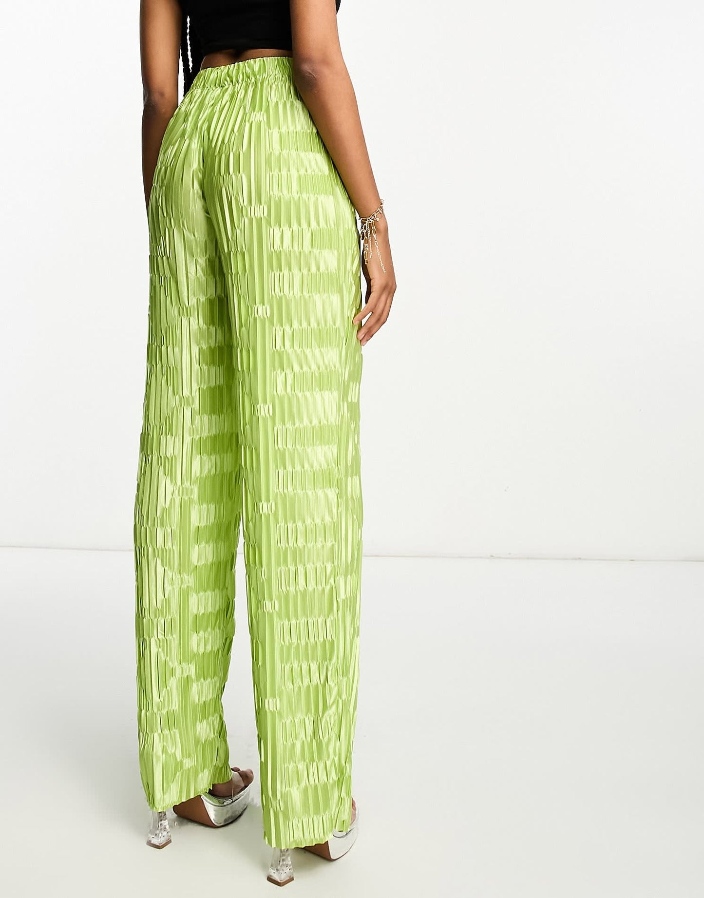 Urban Threads Tall satin plisse wide leg trousers co-ord in lime
